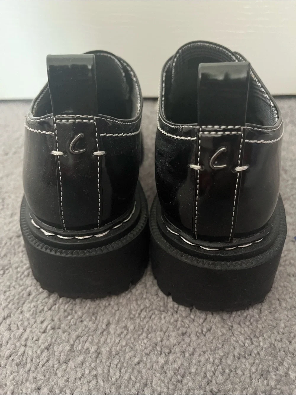 Circus by Sam Edelman Black Patent Platform Loafers with White Stitching